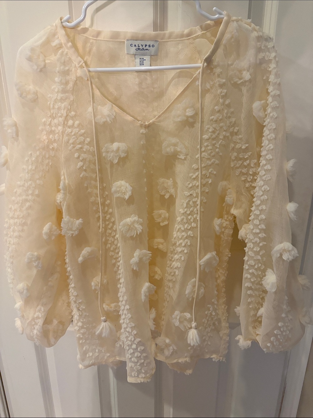 Calypso St. Barth Cream Tassel Textured Peasant Blouse